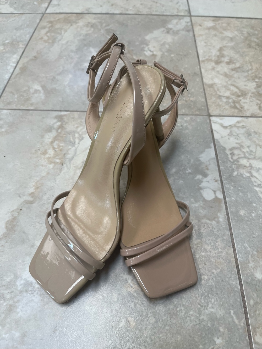 Tony Bianco Taupe Patent Strappy Square‑Toe Heels